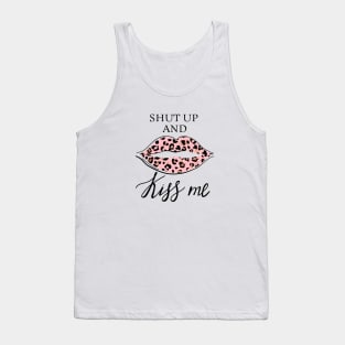 Fashion print with slogan. Kiss with leopard lipstick. Stylish woman lips. Tank Top